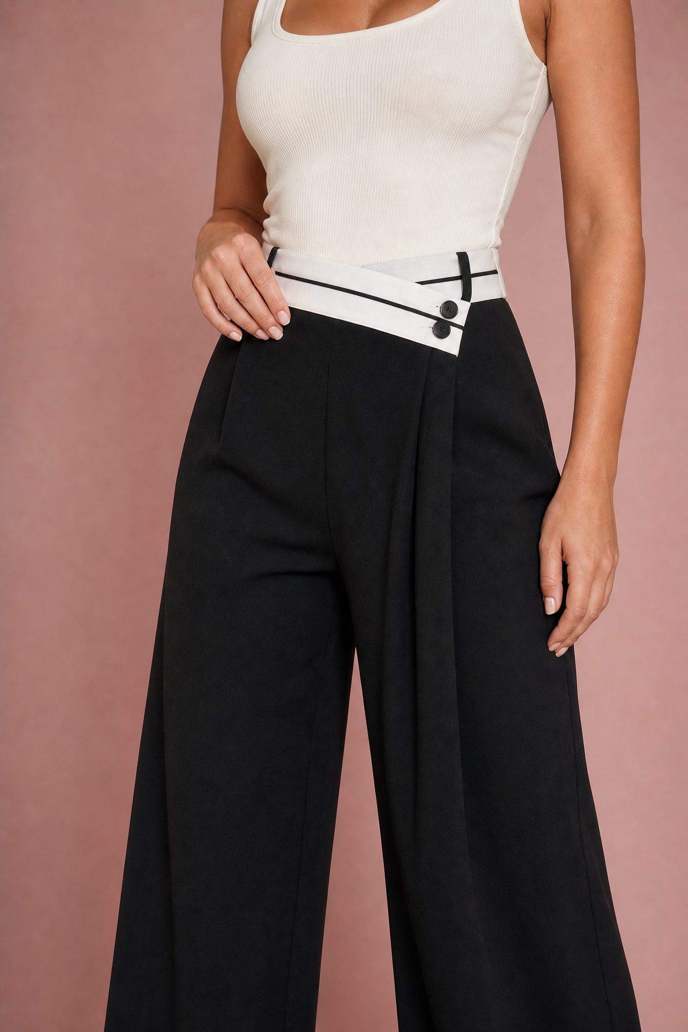 Hermione | Contrast Wrap Waistband Pleated Wide Leg Trousers - View 4