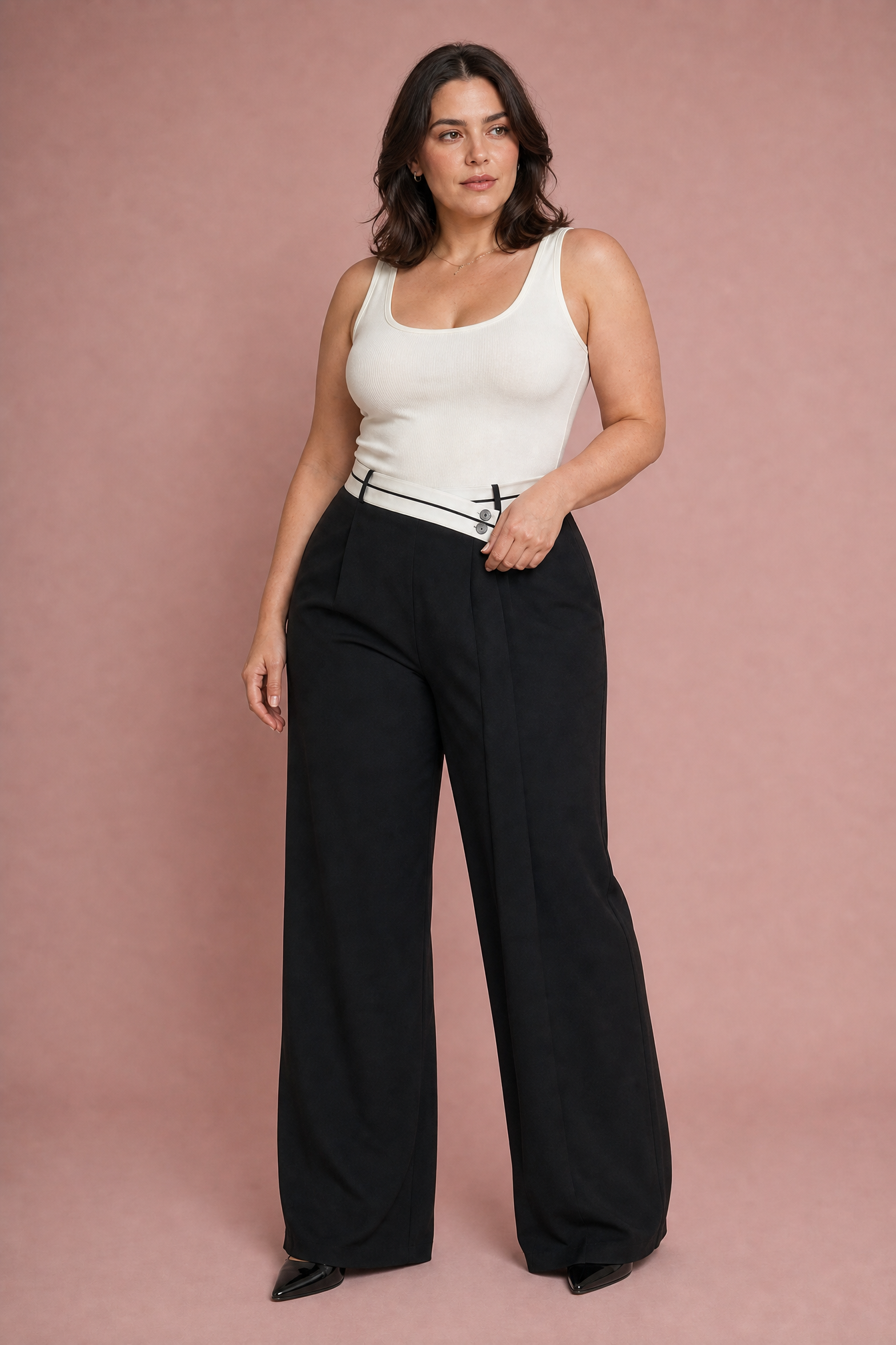 Hermione | Contrast Wrap Waistband Pleated Wide Leg Trousers - View 6