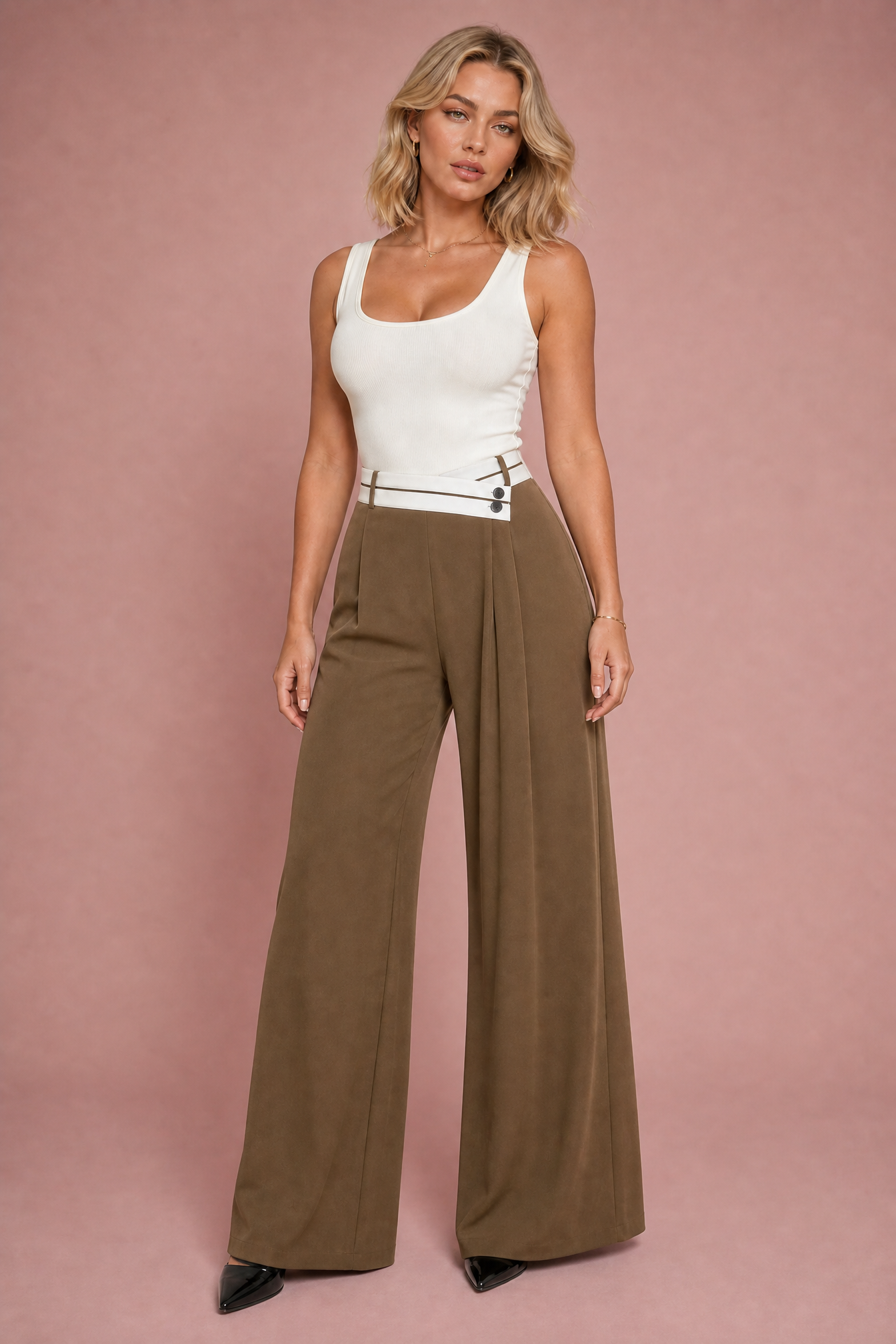 Hermione | Contrast Wrap Waistband Pleated Wide Leg Trousers - View 9
