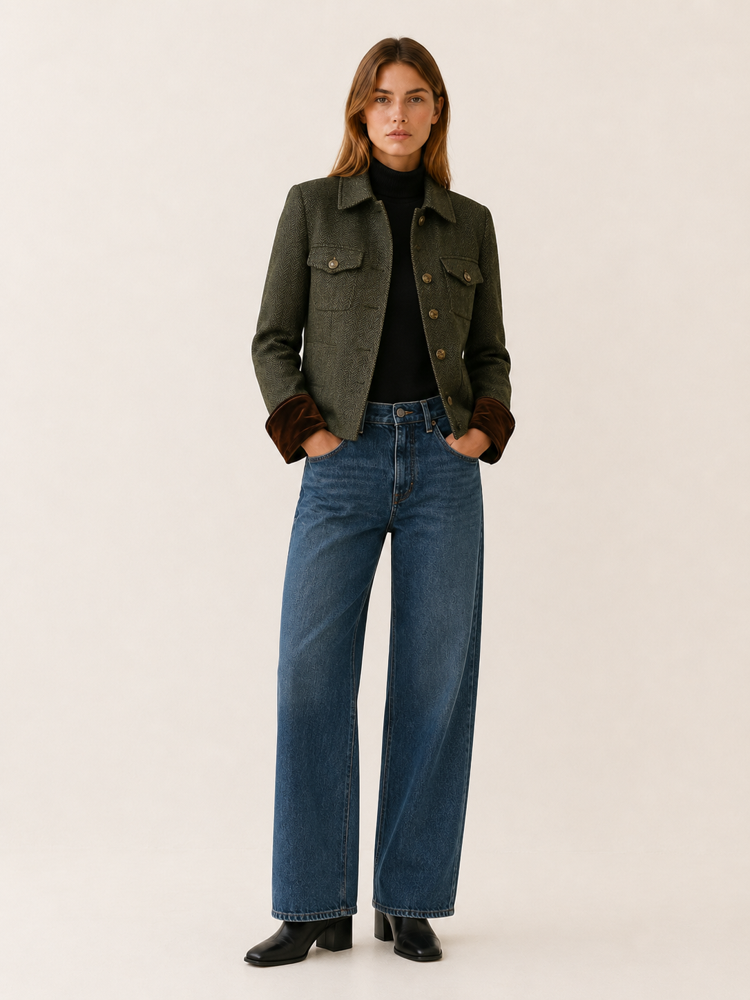 Honor | Contrast Velvet Cuff Herringbone Cropped Jacket