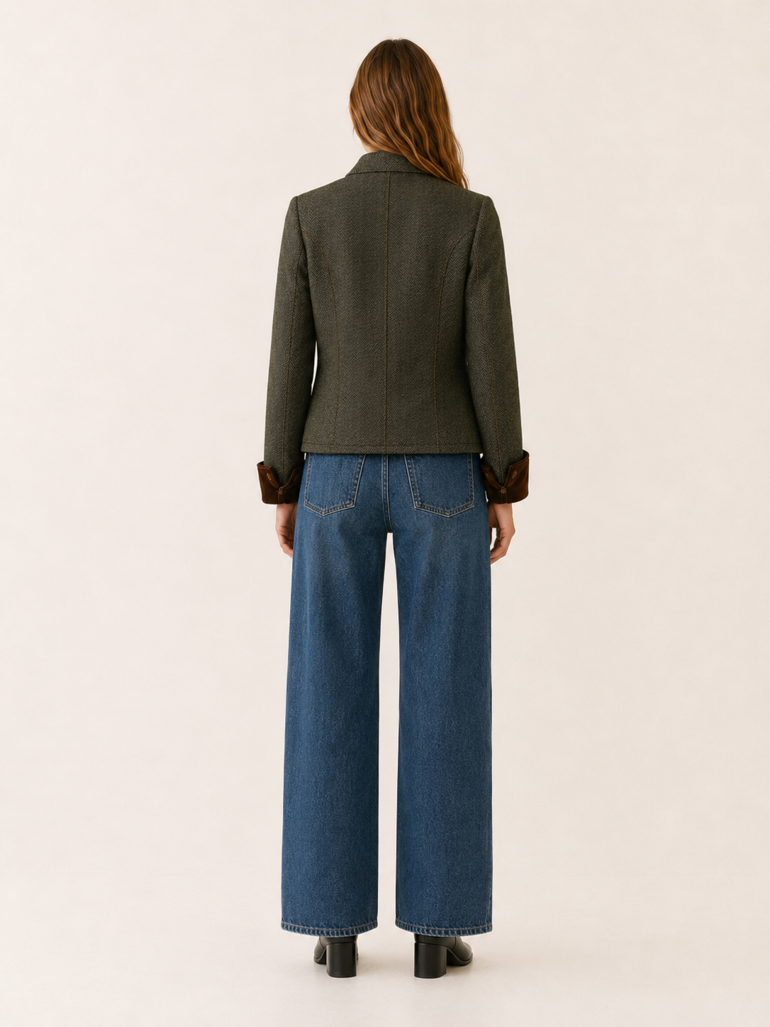 Honor | Contrast Velvet Cuff Herringbone Cropped Jacket - View 2