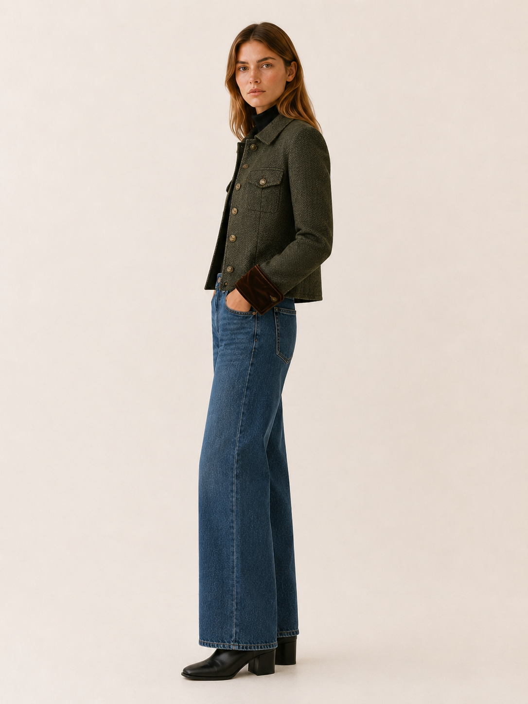 Honor | Contrast Velvet Cuff Herringbone Cropped Jacket - View 3