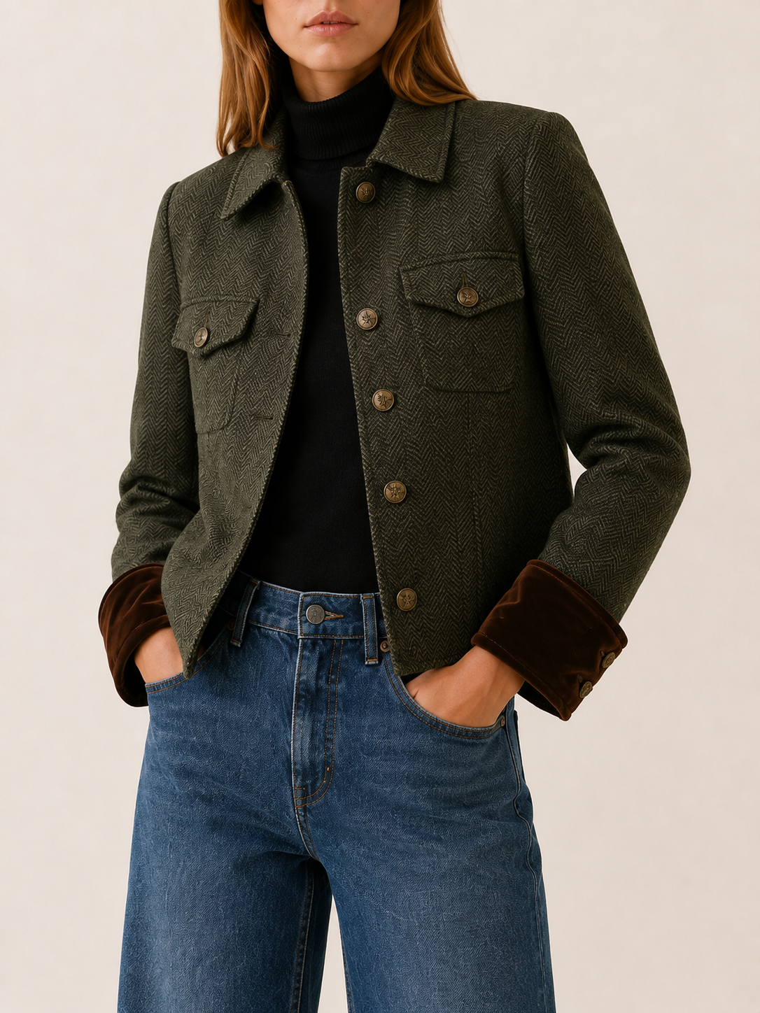 Honor | Contrast Velvet Cuff Herringbone Cropped Jacket - View 4