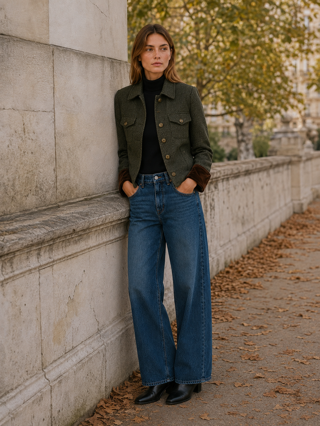 Honor | Contrast Velvet Cuff Herringbone Cropped Jacket - View 5