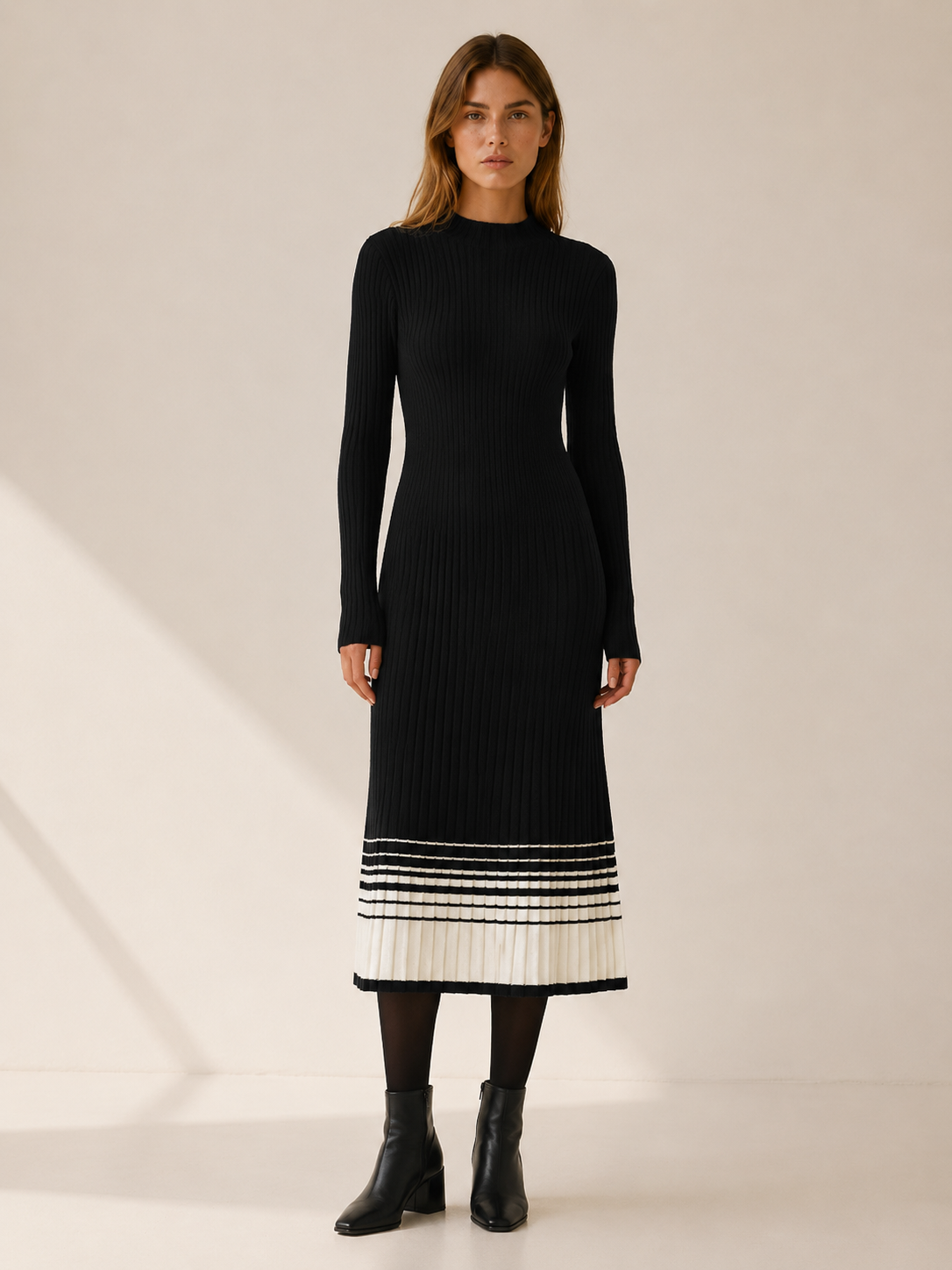 Ilaria | Contrast Pleated Hem Mock Neck Ribbed Midi Dress