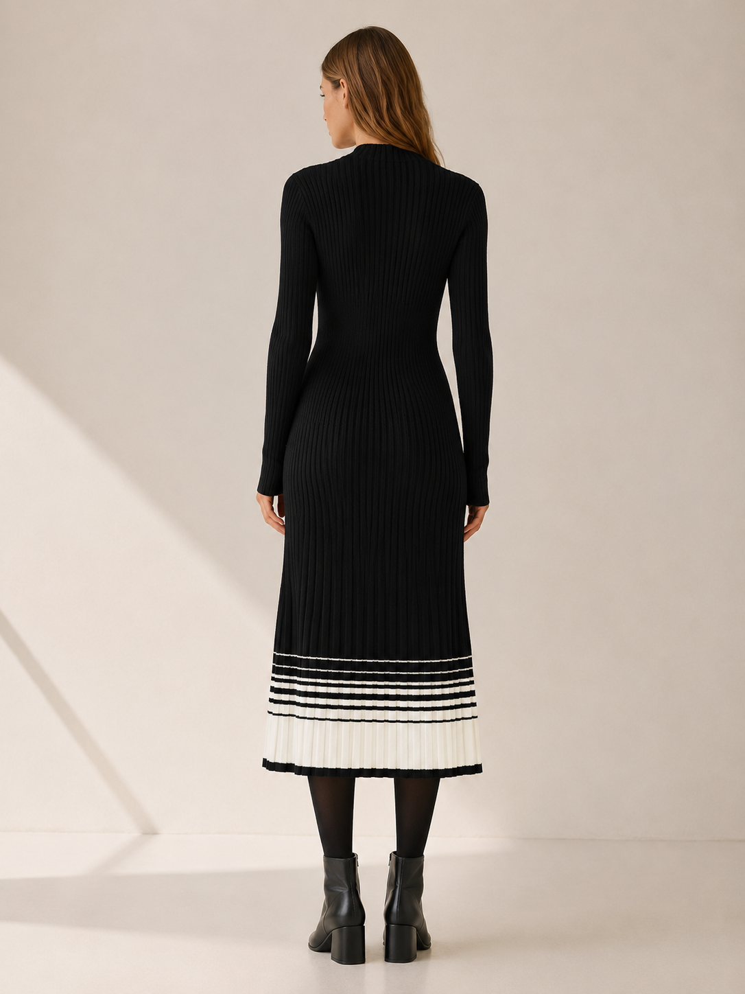 Ilaria | Contrast Pleated Hem Mock Neck Ribbed Midi Dress - View 2