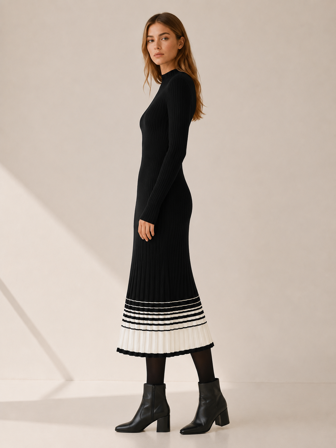 Ilaria | Contrast Pleated Hem Mock Neck Ribbed Midi Dress - View 3