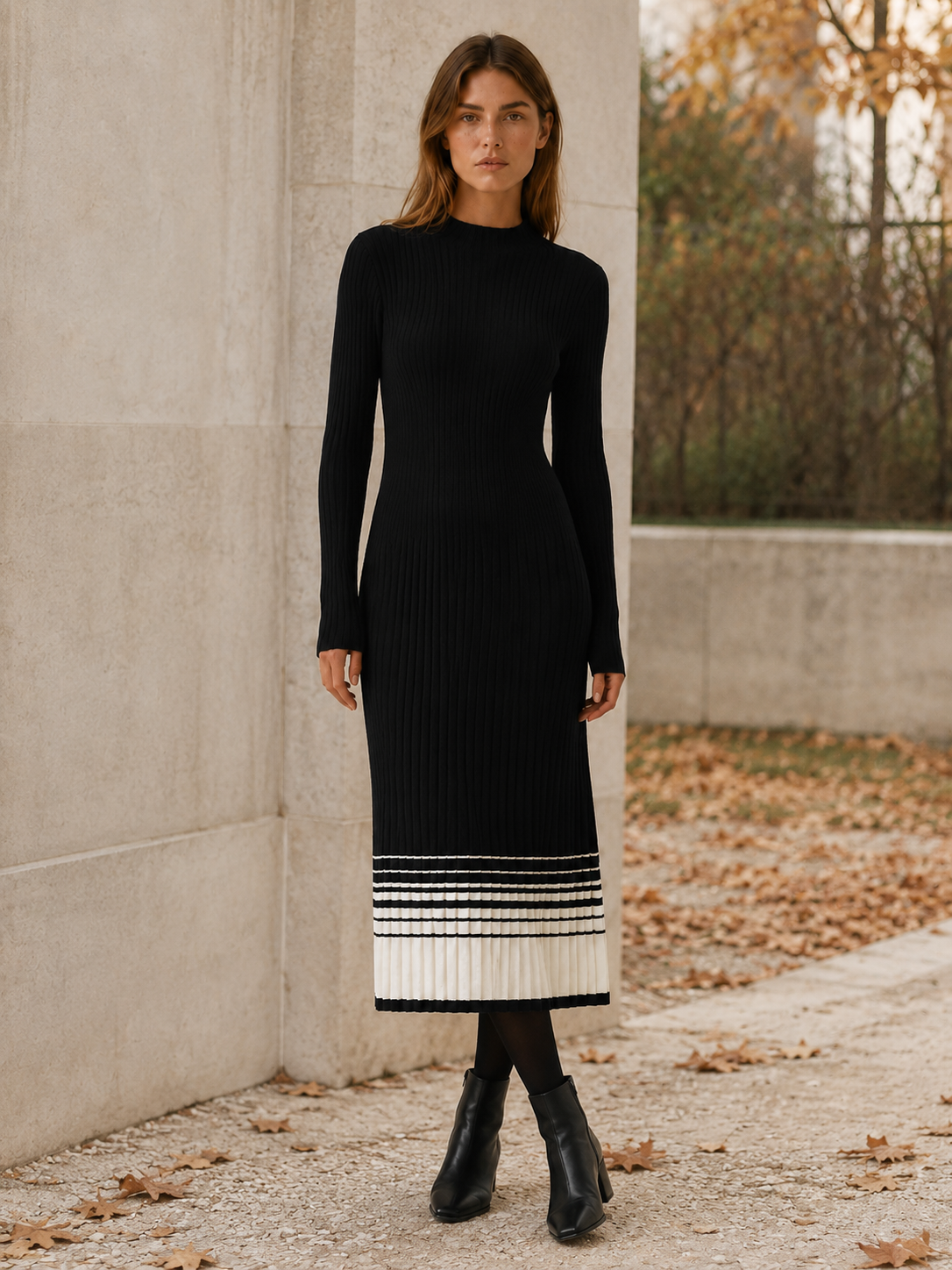 Ilaria | Contrast Pleated Hem Mock Neck Ribbed Midi Dress - View 5