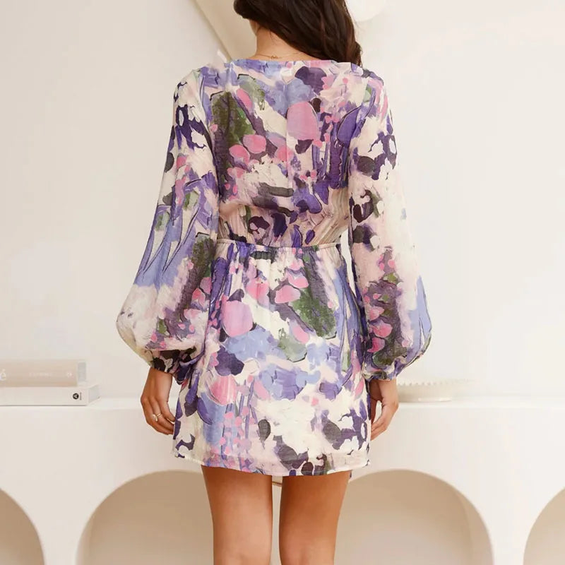 Imogen | Floral Print Balloon Sleeve Wrap Mini Dress - View 2