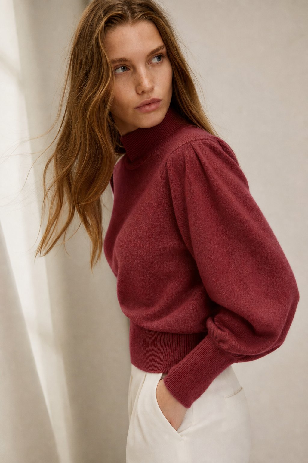 Ines | Puff Shoulder Balloon Sleeve Merino Mock Neck Sweater