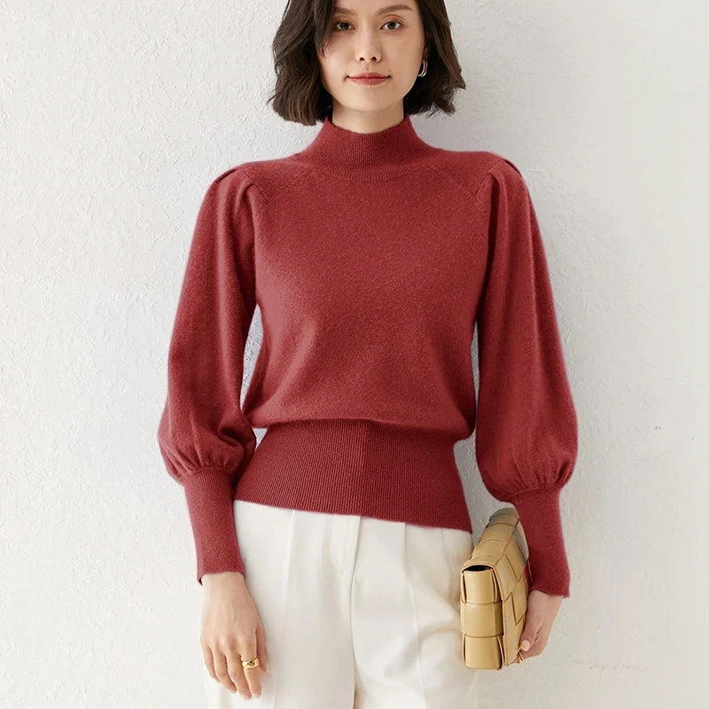Ines | Puff Shoulder Balloon Sleeve Merino Mock Neck Sweater - View 11
