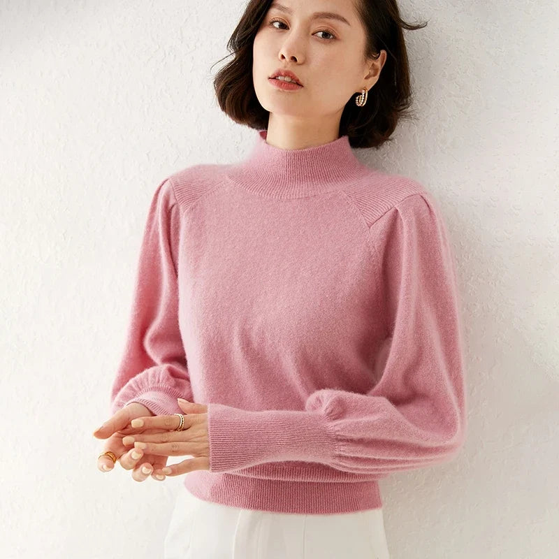 Ines | Puff Shoulder Balloon Sleeve Merino Mock Neck Sweater - View 12