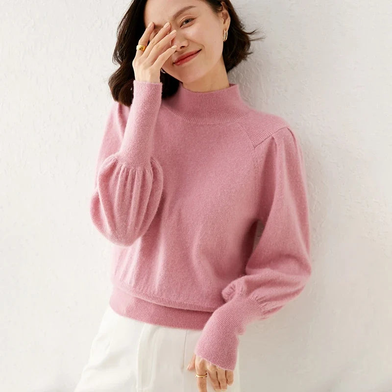 Ines | Puff Shoulder Balloon Sleeve Merino Mock Neck Sweater - View 13