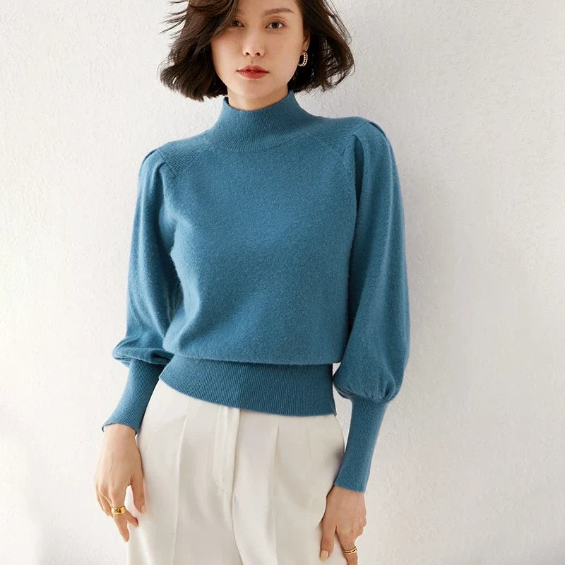 Ines | Puff Shoulder Balloon Sleeve Merino Mock Neck Sweater - View 14