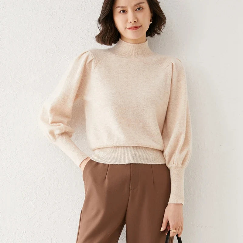 Ines | Puff Shoulder Balloon Sleeve Merino Mock Neck Sweater - View 15
