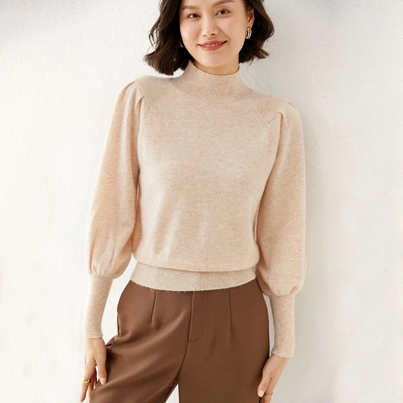 Ines | Puff Shoulder Balloon Sleeve Merino Mock Neck Sweater - View 16
