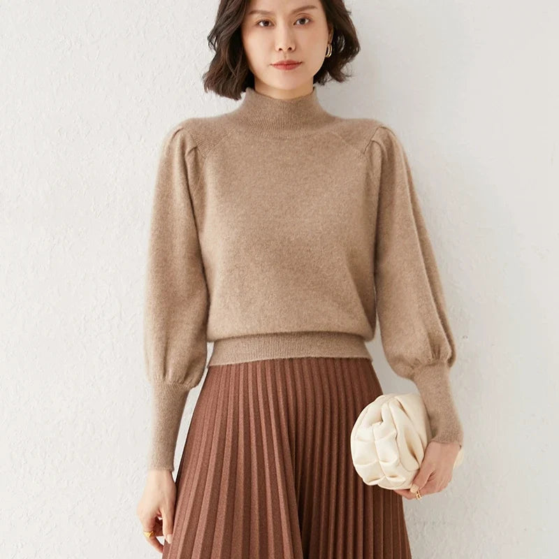 Ines | Puff Shoulder Balloon Sleeve Merino Mock Neck Sweater - View 17