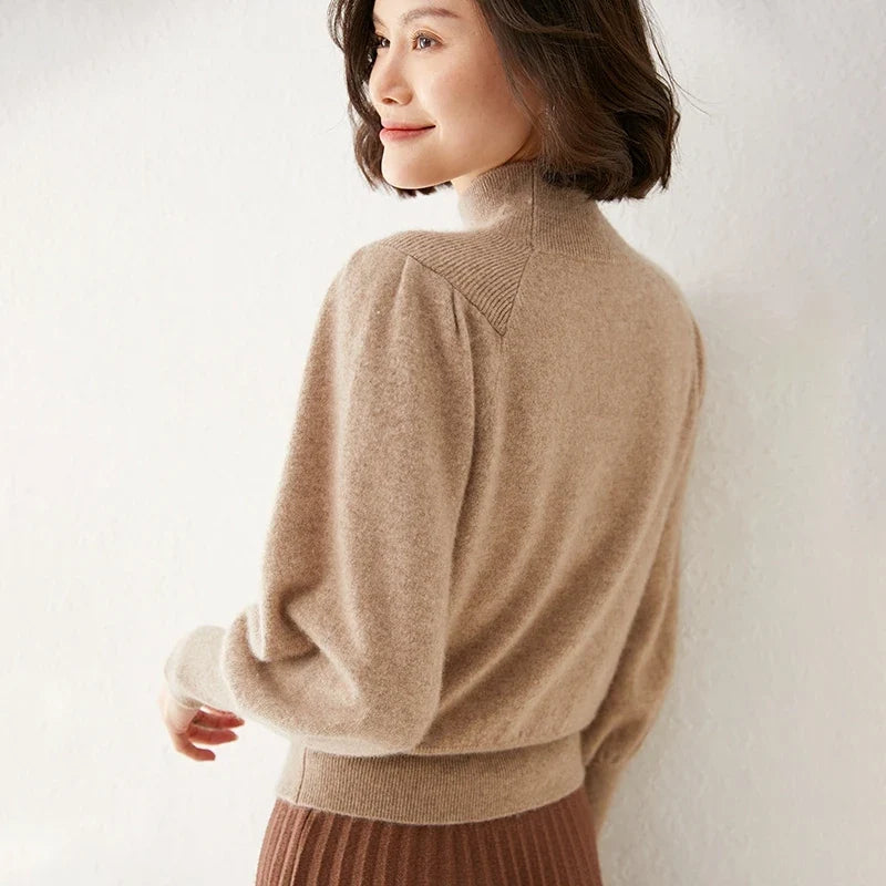Ines | Puff Shoulder Balloon Sleeve Merino Mock Neck Sweater - View 18
