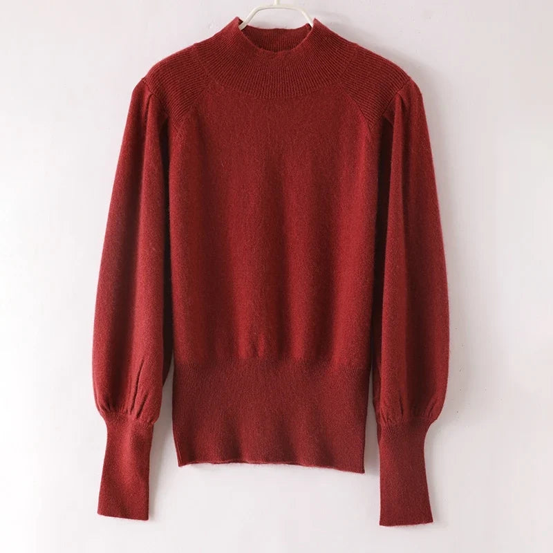Ines | Puff Shoulder Balloon Sleeve Merino Mock Neck Sweater - View 19