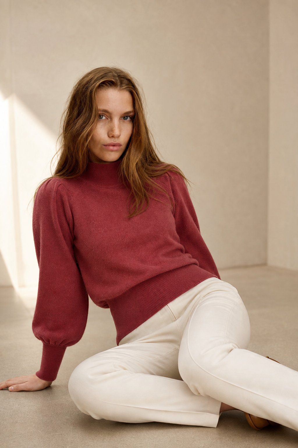 Ines | Puff Shoulder Balloon Sleeve Merino Mock Neck Sweater - View 2