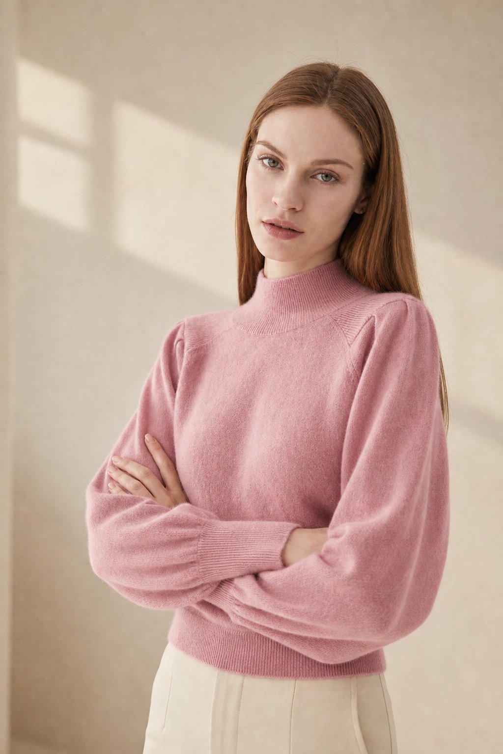 Ines | Puff Shoulder Balloon Sleeve Merino Mock Neck Sweater - View 4