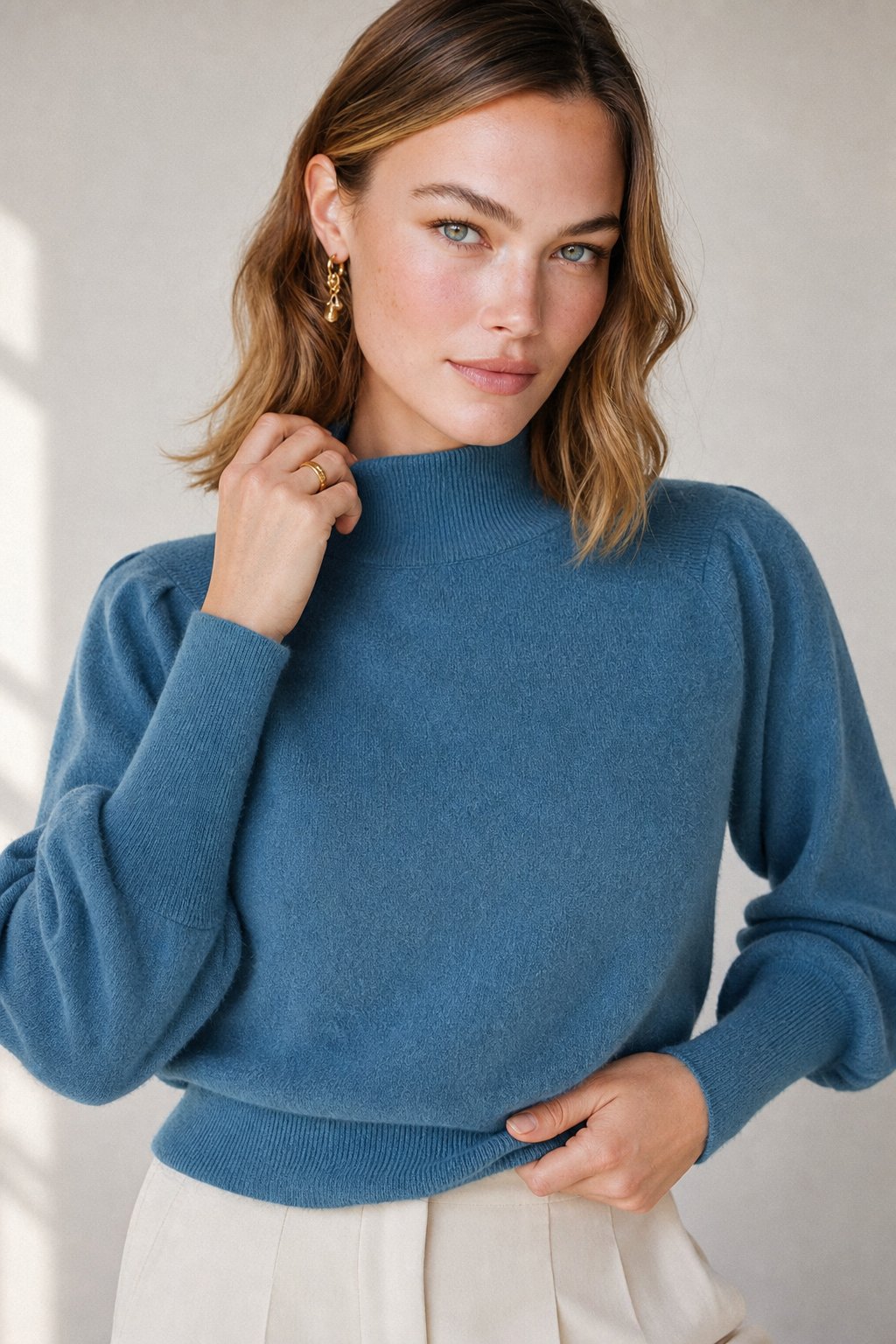 Ines | Puff Shoulder Balloon Sleeve Merino Mock Neck Sweater - View 5