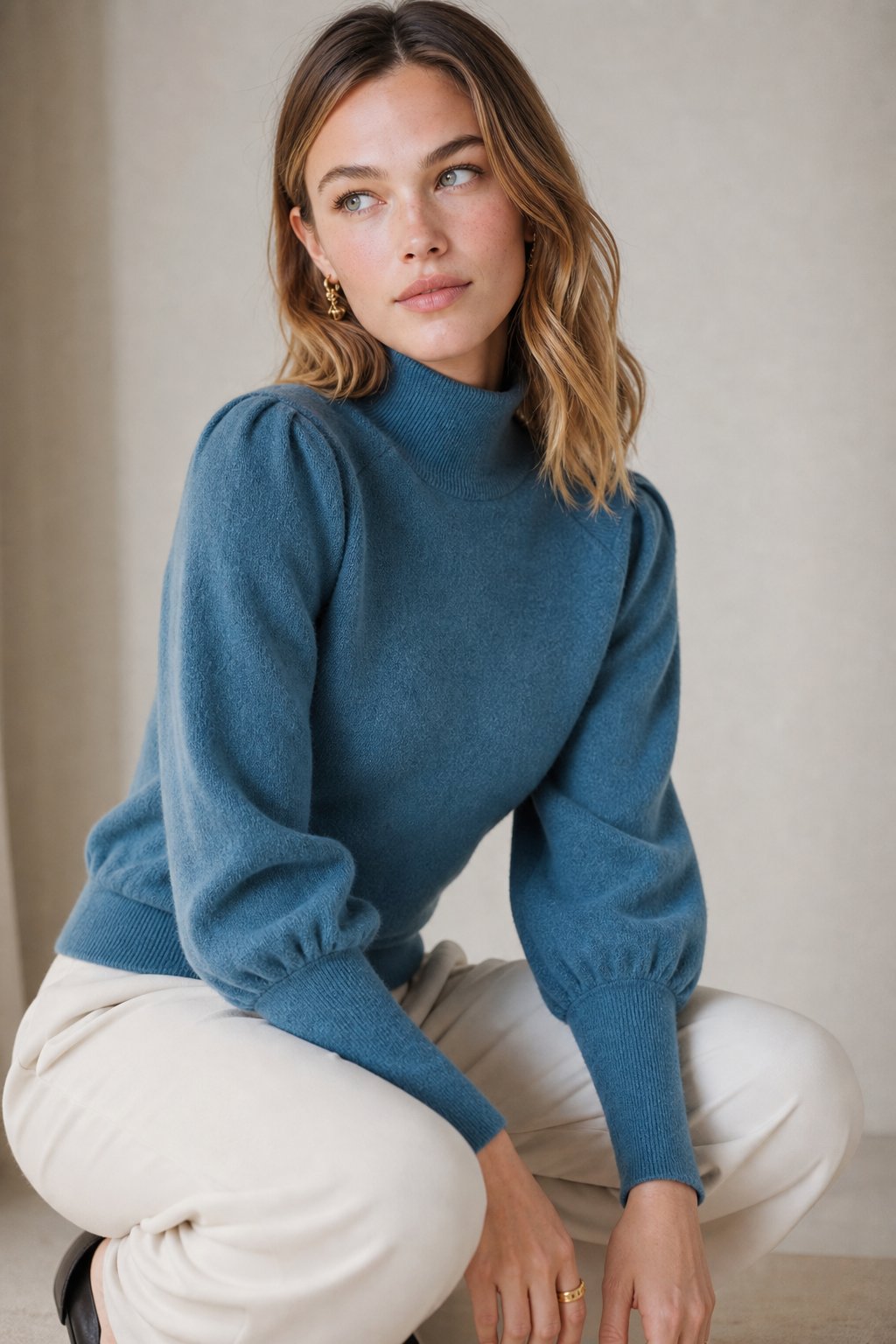Ines | Puff Shoulder Balloon Sleeve Merino Mock Neck Sweater - View 6
