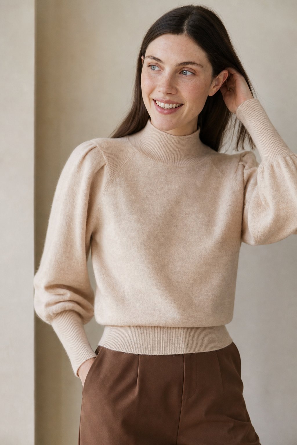 Ines | Puff Shoulder Balloon Sleeve Merino Mock Neck Sweater - View 7