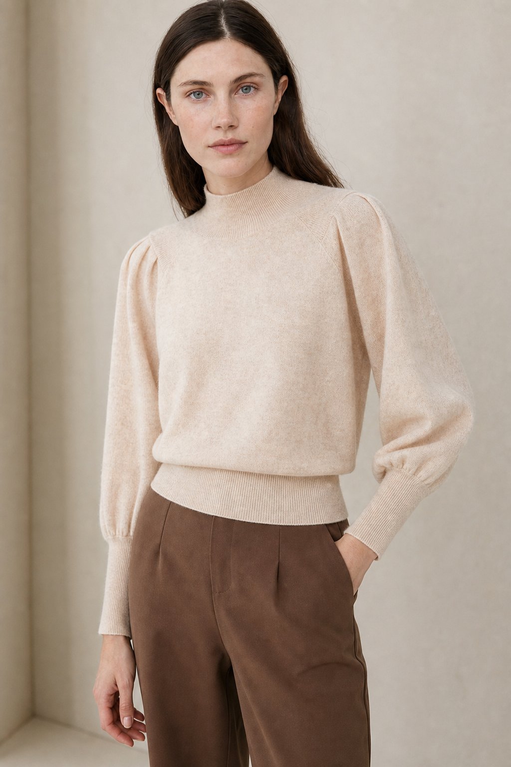 Ines | Puff Shoulder Balloon Sleeve Merino Mock Neck Sweater - View 8