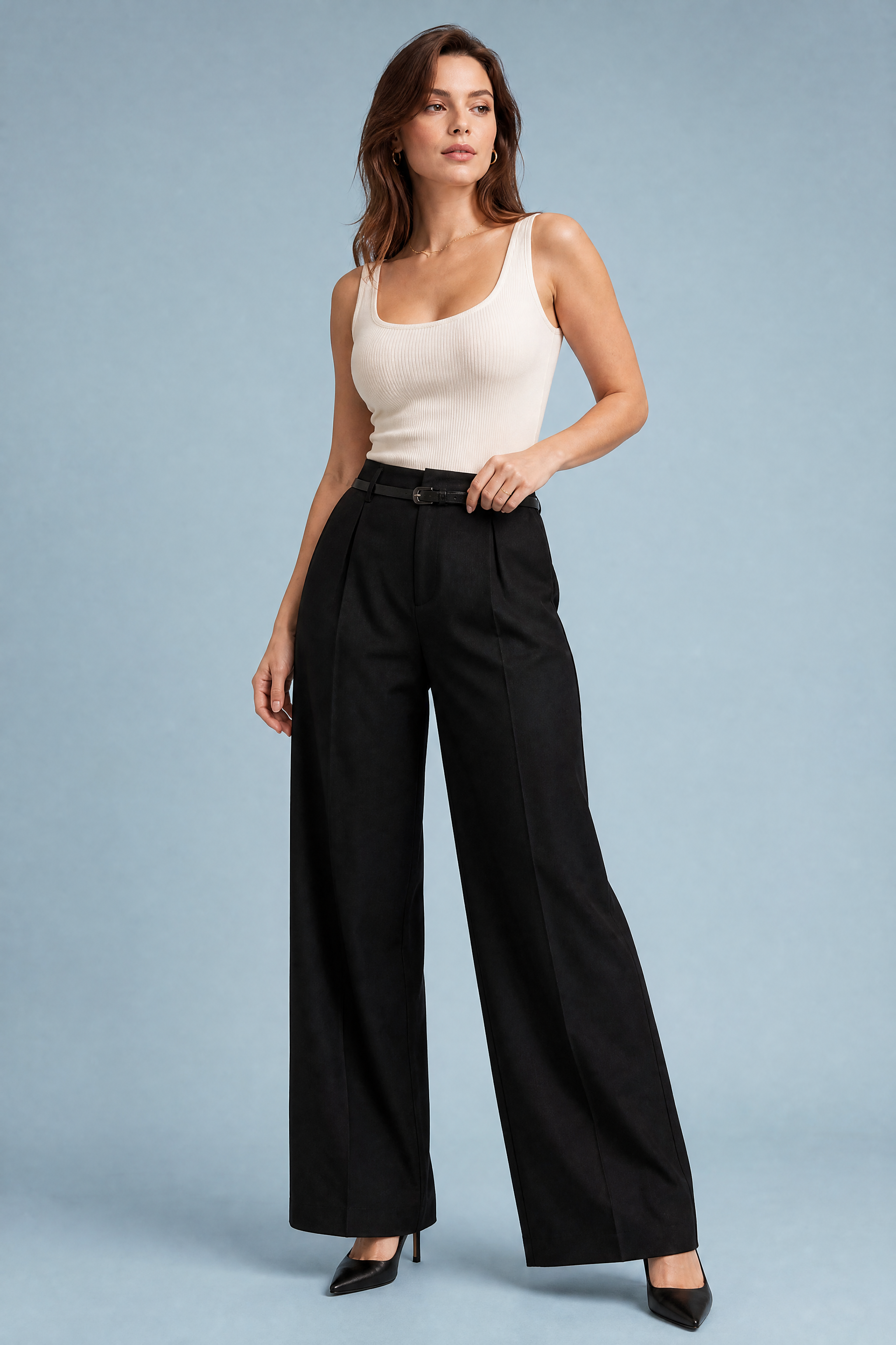 Iris | Single Pleat Belted Tailored Wide Leg Trousers