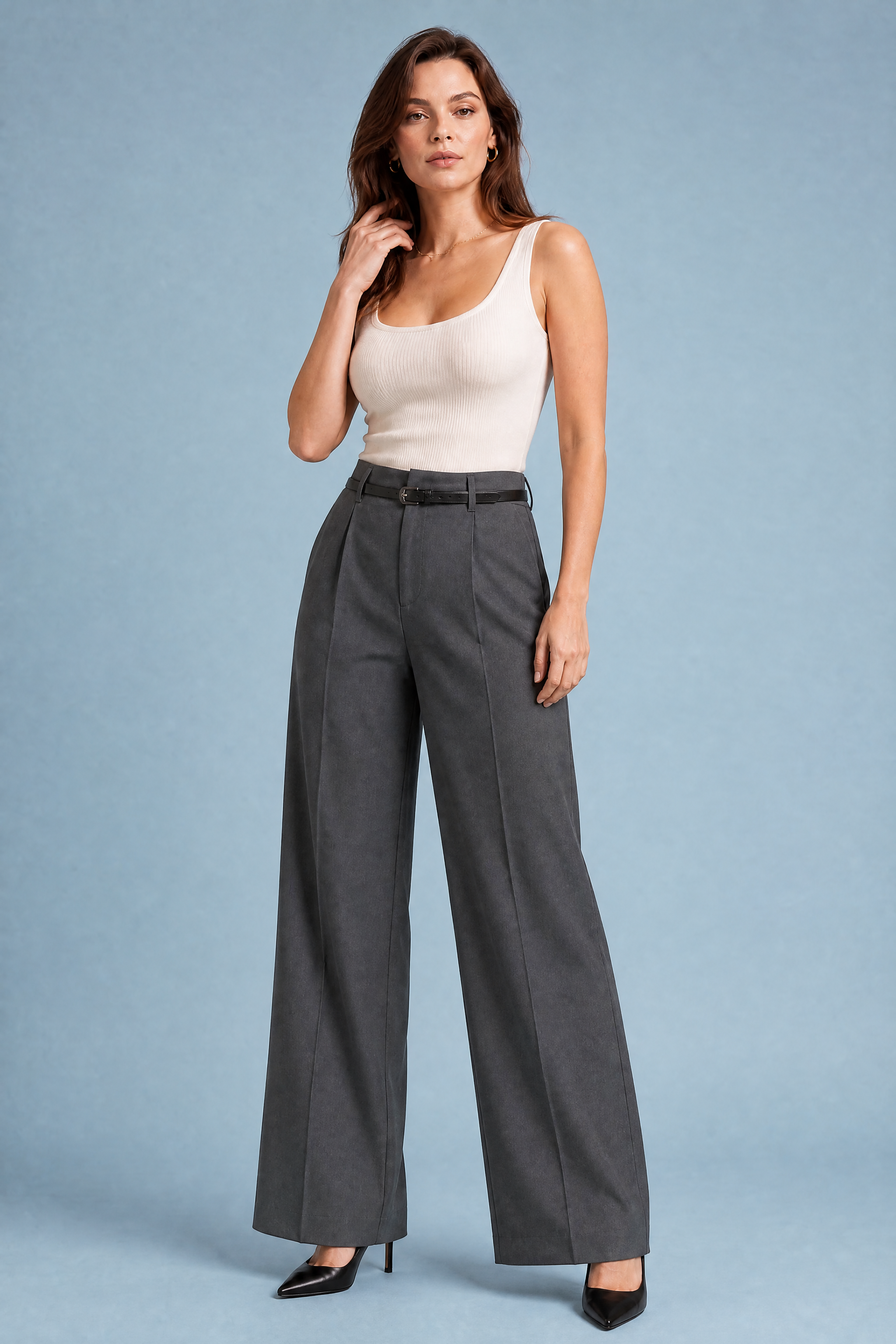 Iris | Single Pleat Belted Tailored Wide Leg Trousers - View 11