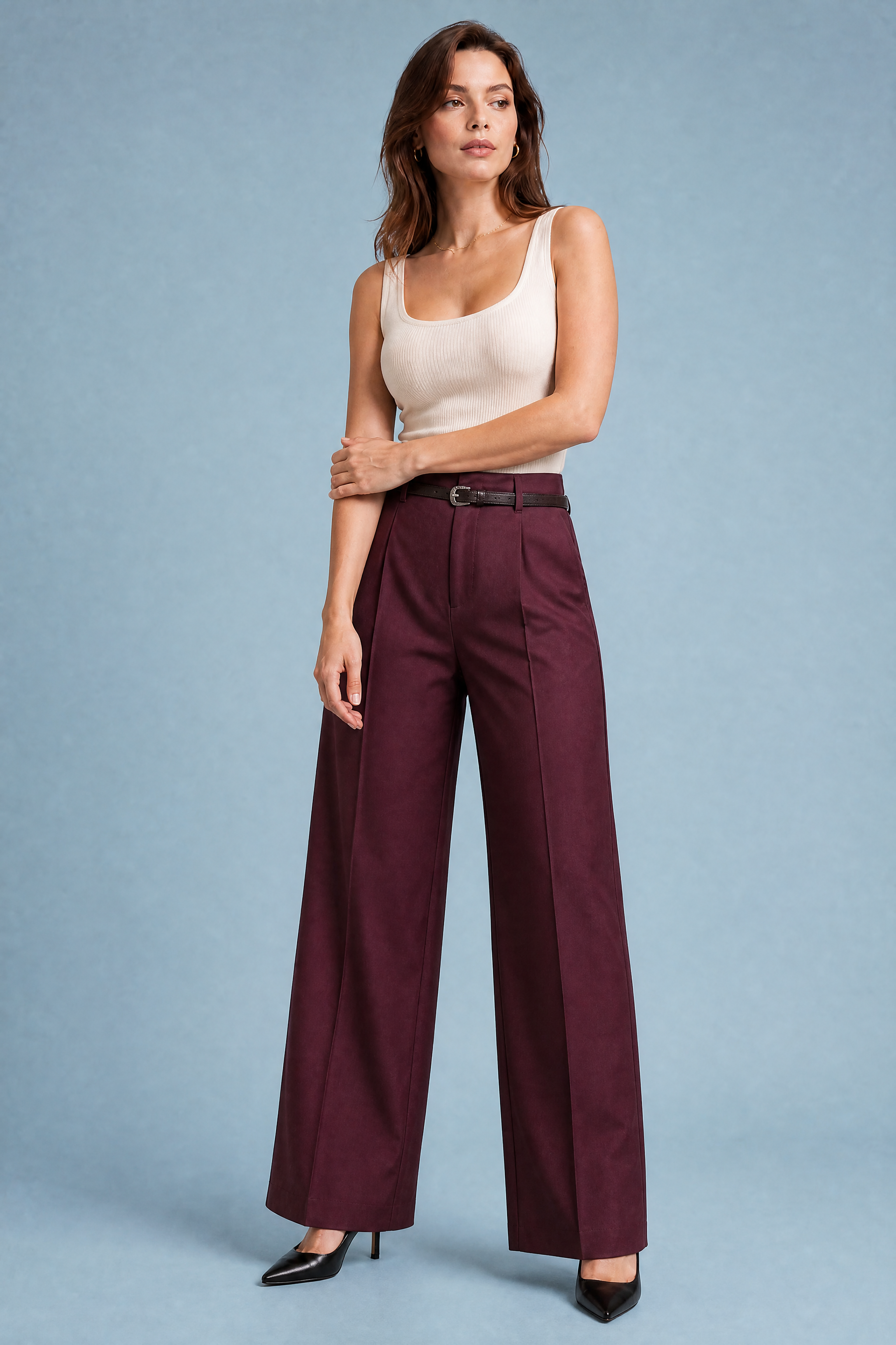 Iris | Single Pleat Belted Tailored Wide Leg Trousers - View 13