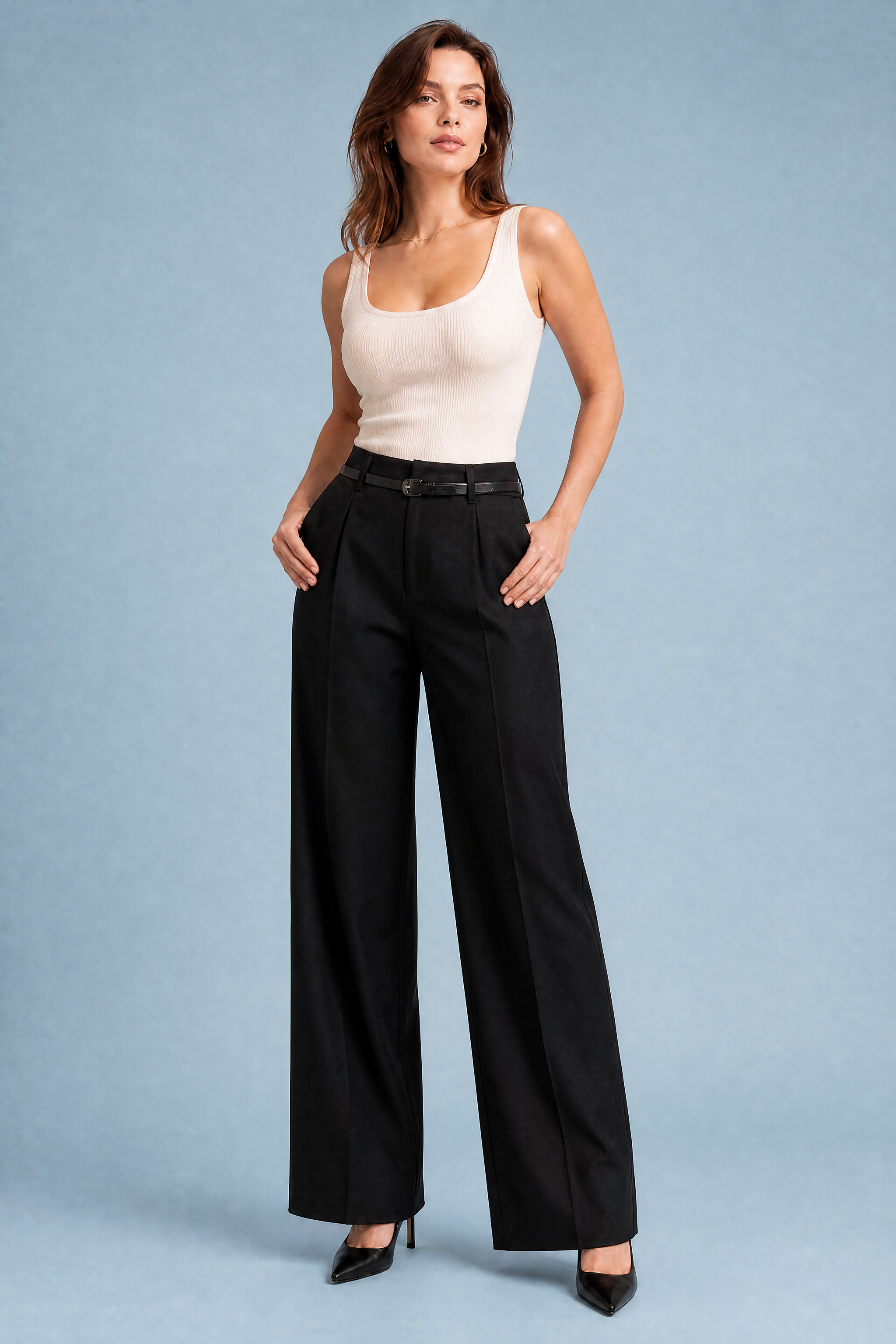 Iris | Single Pleat Belted Tailored Wide Leg Trousers - View 15