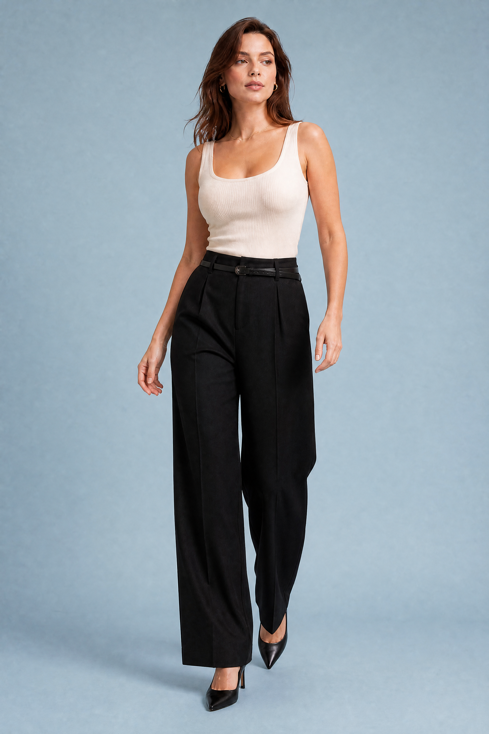 Iris | Single Pleat Belted Tailored Wide Leg Trousers - View 3
