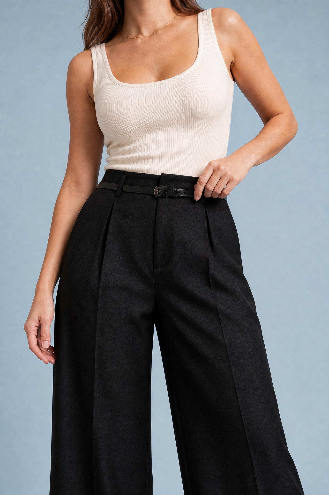 Iris | Single Pleat Belted Tailored Wide Leg Trousers - View 4