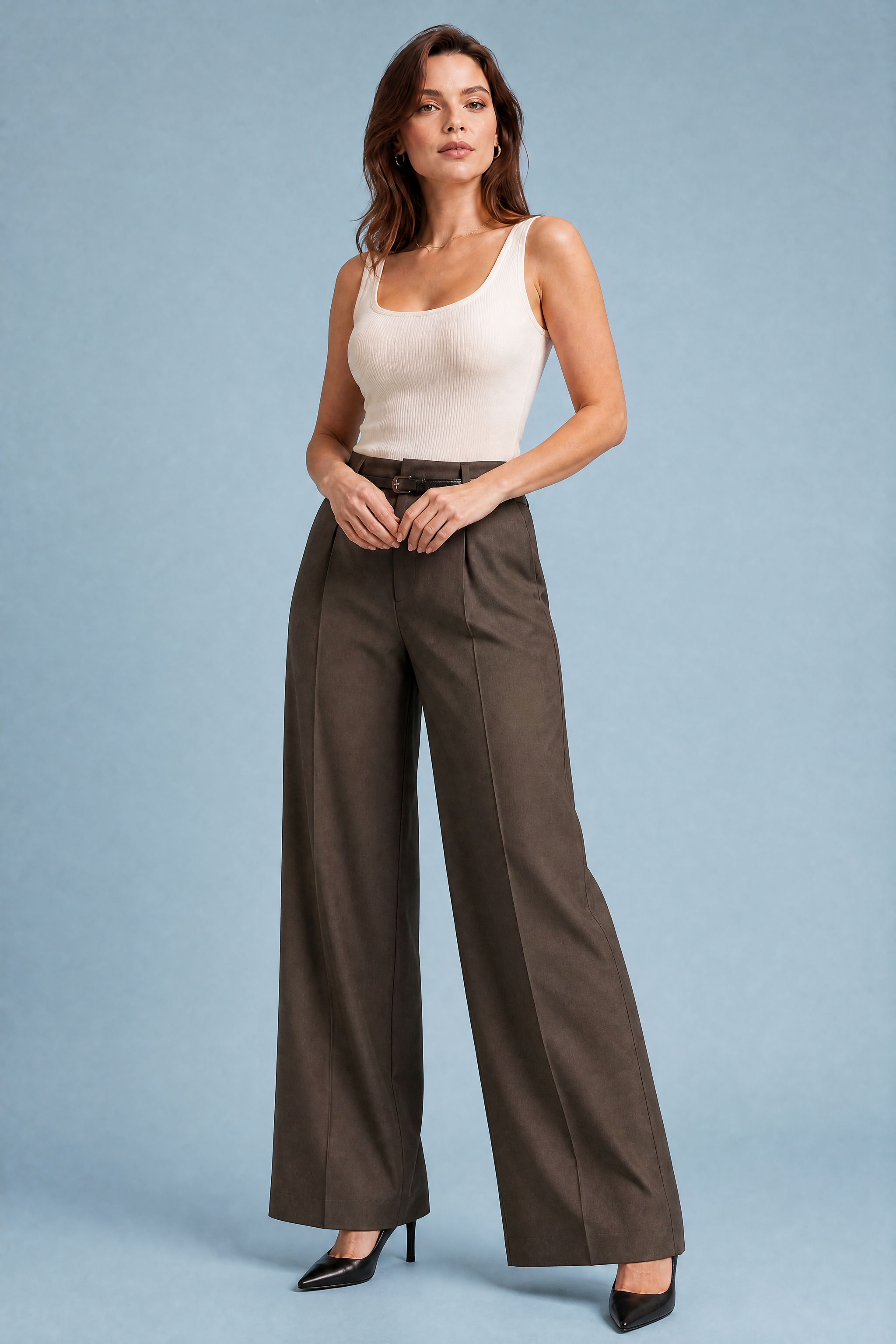 Iris | Single Pleat Belted Tailored Wide Leg Trousers - View 9