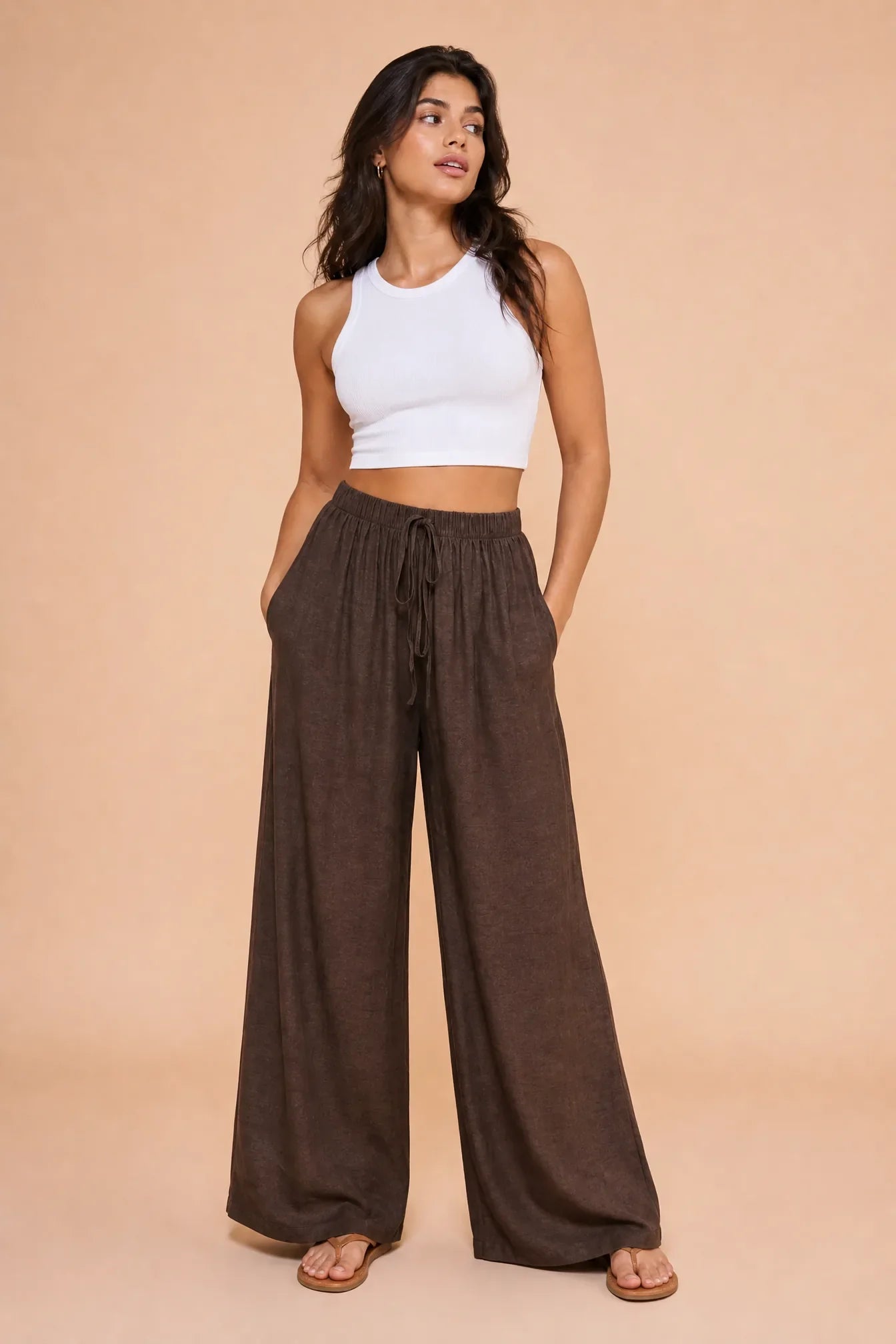 Isadora | Drawstring Elastic Waist Wide Leg Palazzo Trousers