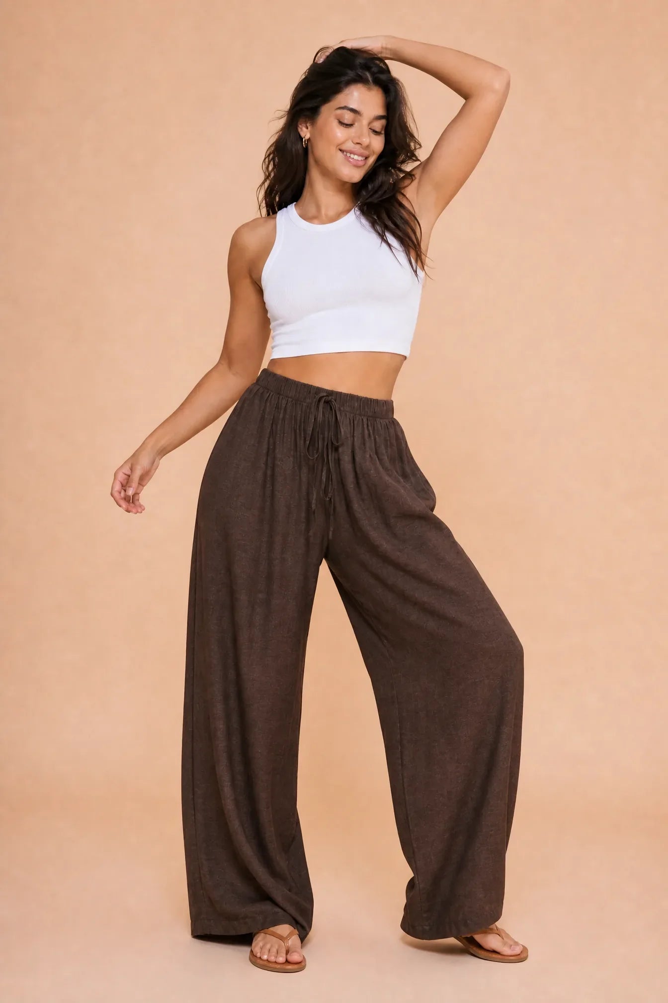 Isadora | Drawstring Elastic Waist Wide Leg Palazzo Trousers - View 3