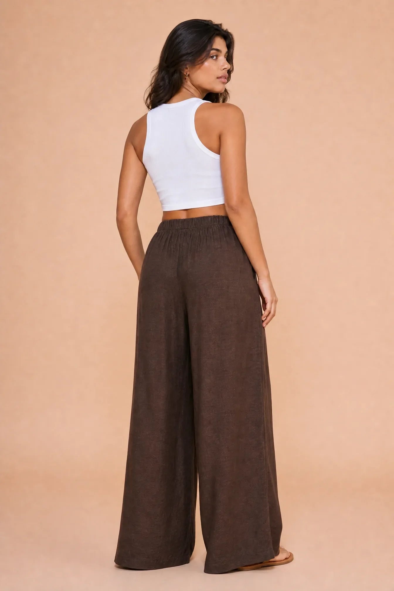Isadora | Drawstring Elastic Waist Wide Leg Palazzo Trousers - View 5