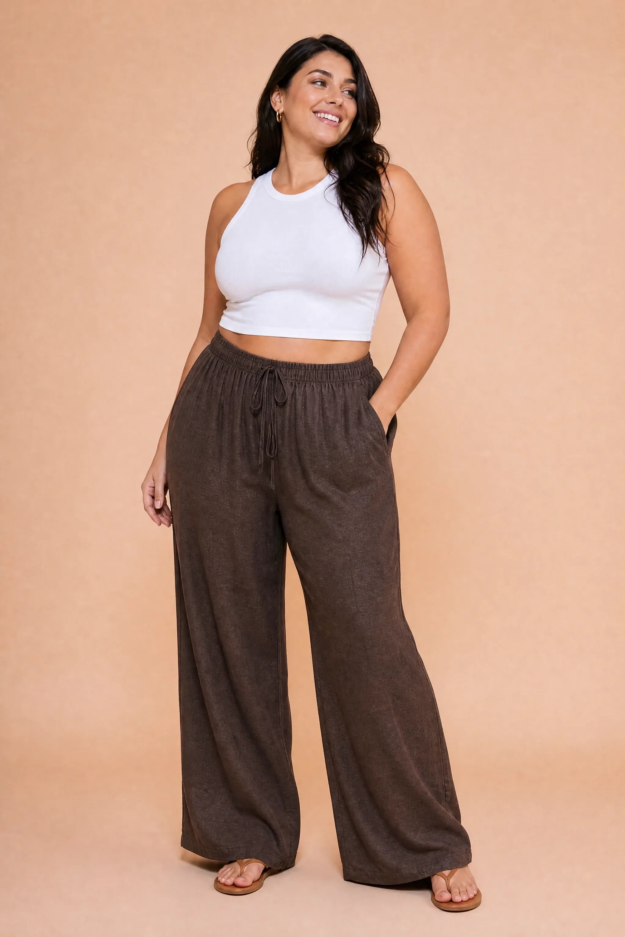 Isadora | Drawstring Elastic Waist Wide Leg Palazzo Trousers - View 6