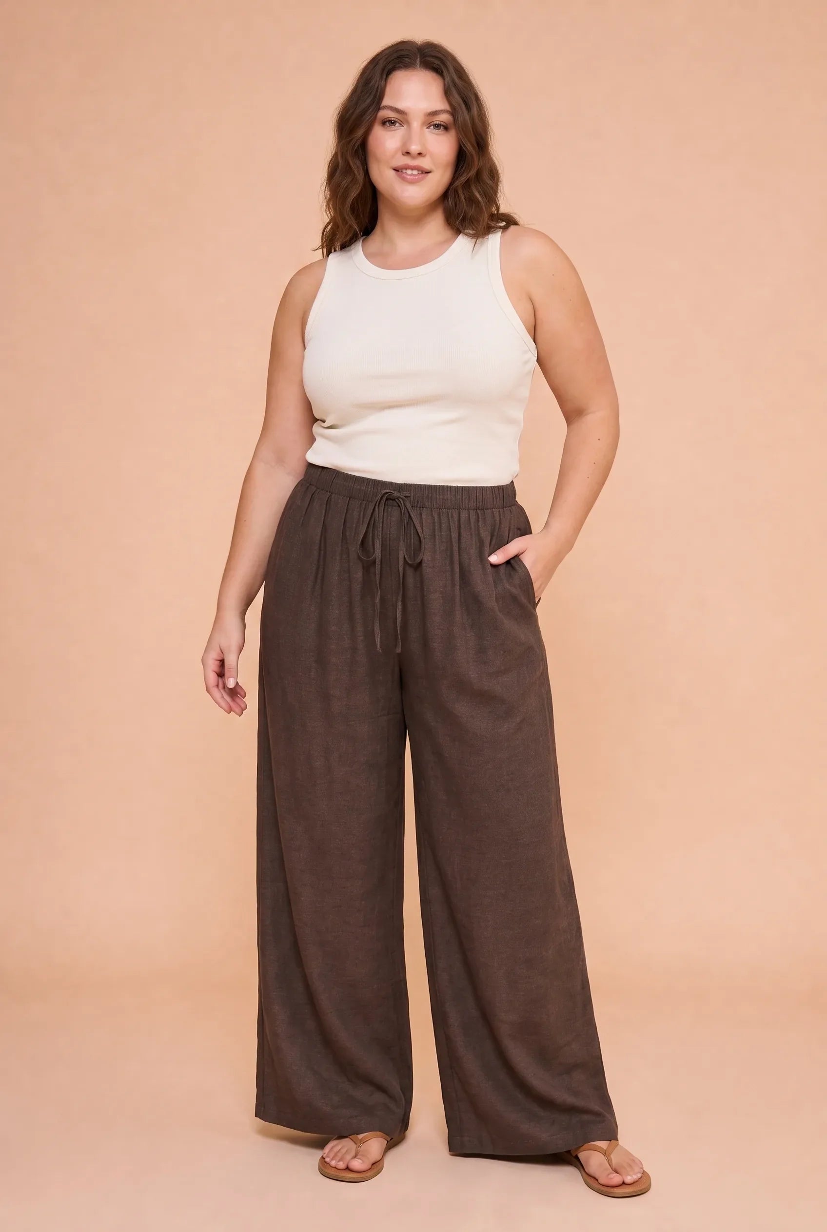 Isadora | Drawstring Elastic Waist Wide Leg Palazzo Trousers - View 7