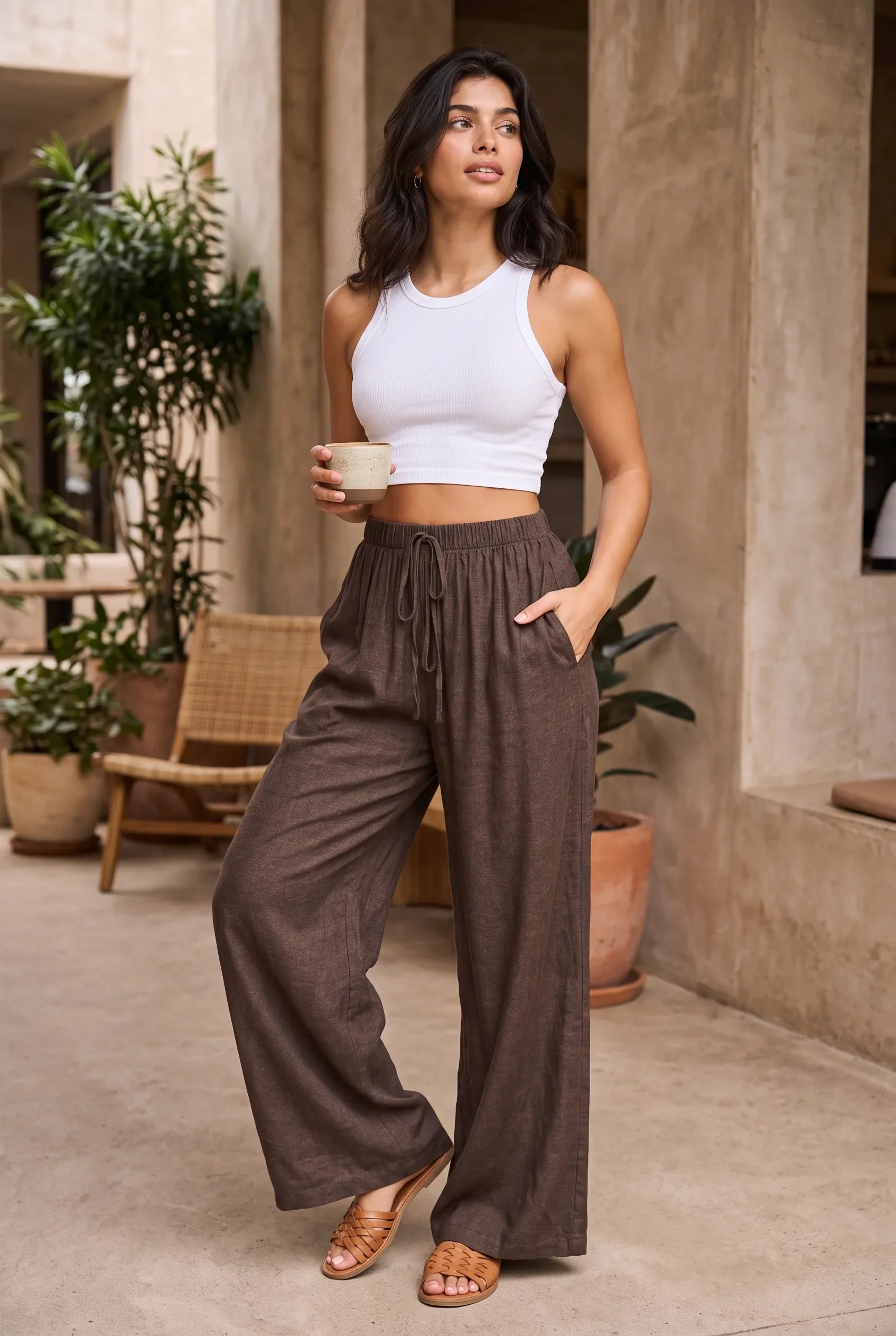 Isadora | Drawstring Elastic Waist Wide Leg Palazzo Trousers - View 8