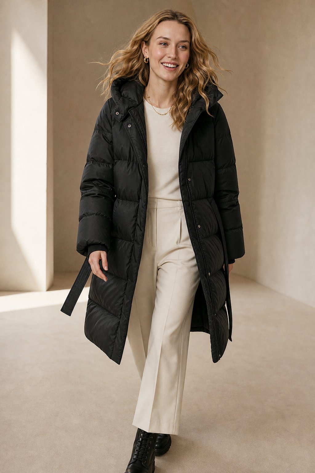 Isolde | Hooded Belted Long Quilted Down Puffer Coat - View 4