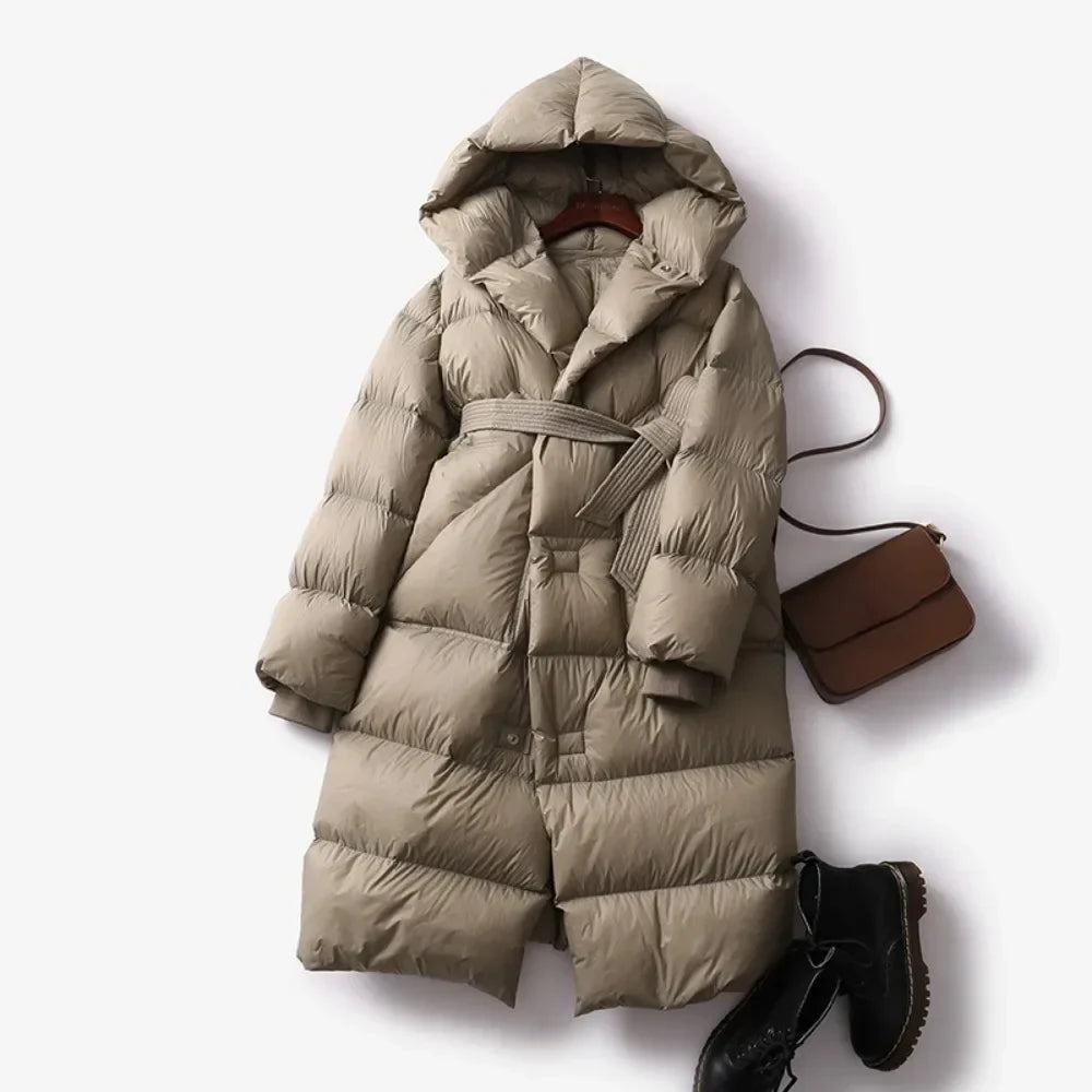 Isolde | Hooded Belted Long Quilted Down Puffer Coat - View 5