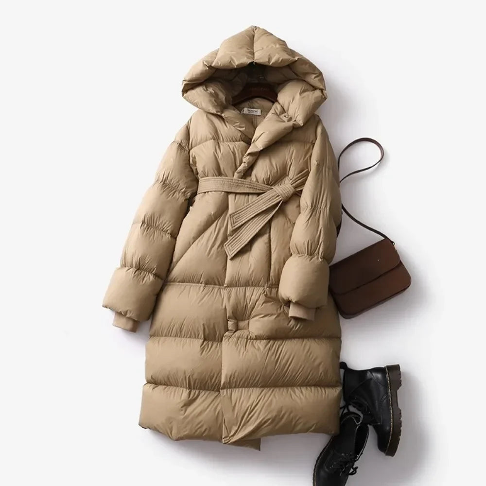 Isolde | Hooded Belted Long Quilted Down Puffer Coat - View 6