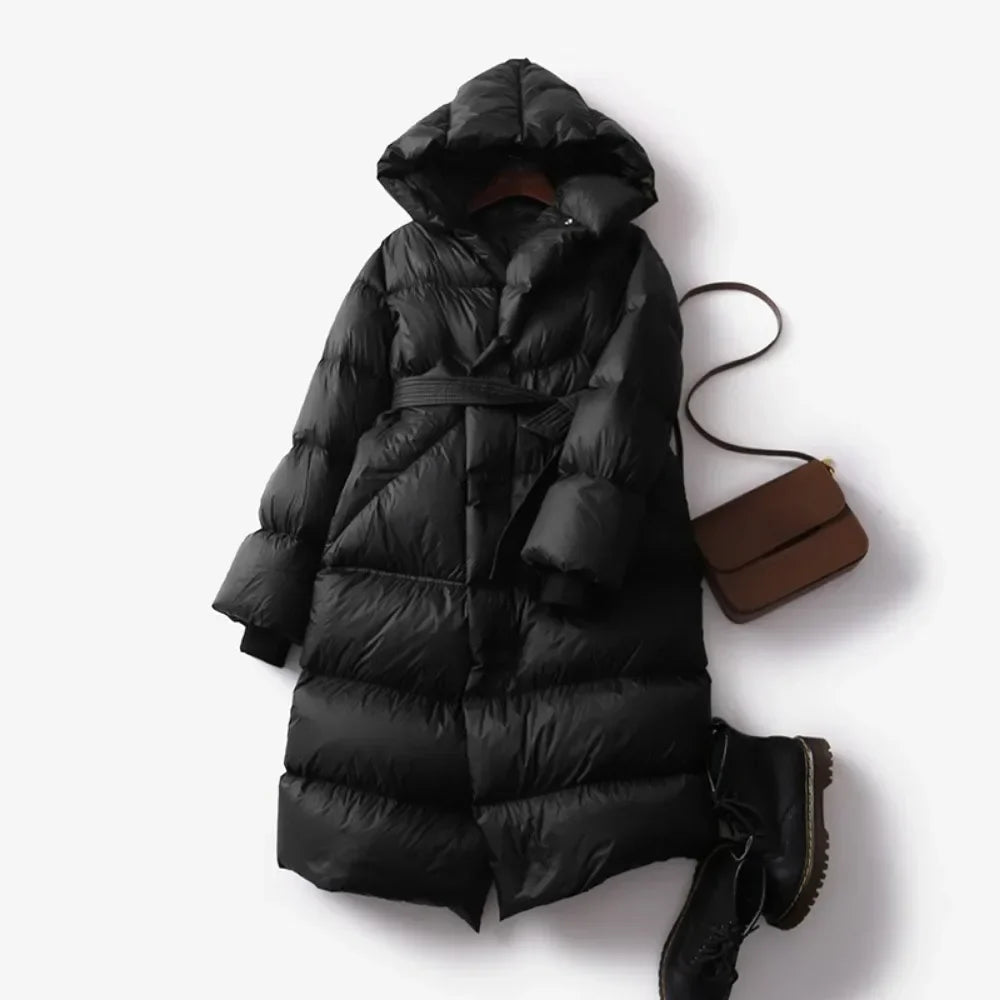 Isolde | Hooded Belted Long Quilted Down Puffer Coat - View 7