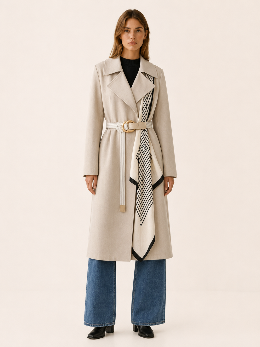Jolie | Printed Scarf Ring Buckle Belted Long Trench Coat
