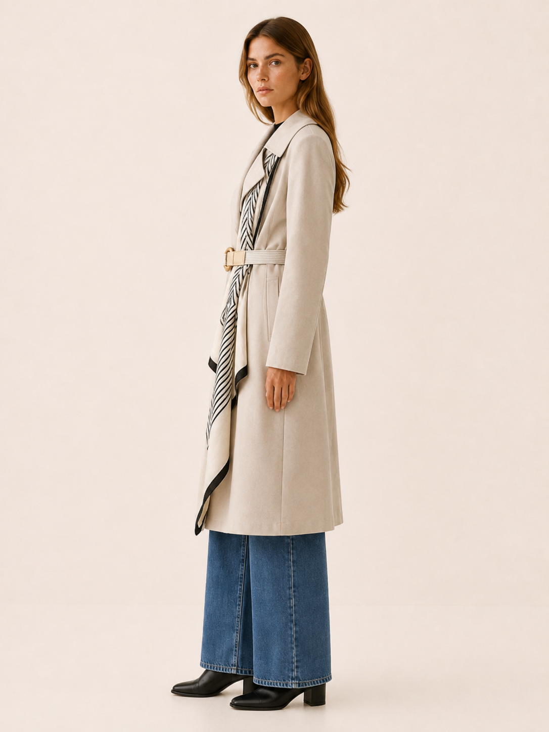 Jolie | Printed Scarf Ring Buckle Belted Long Trench Coat - View 3
