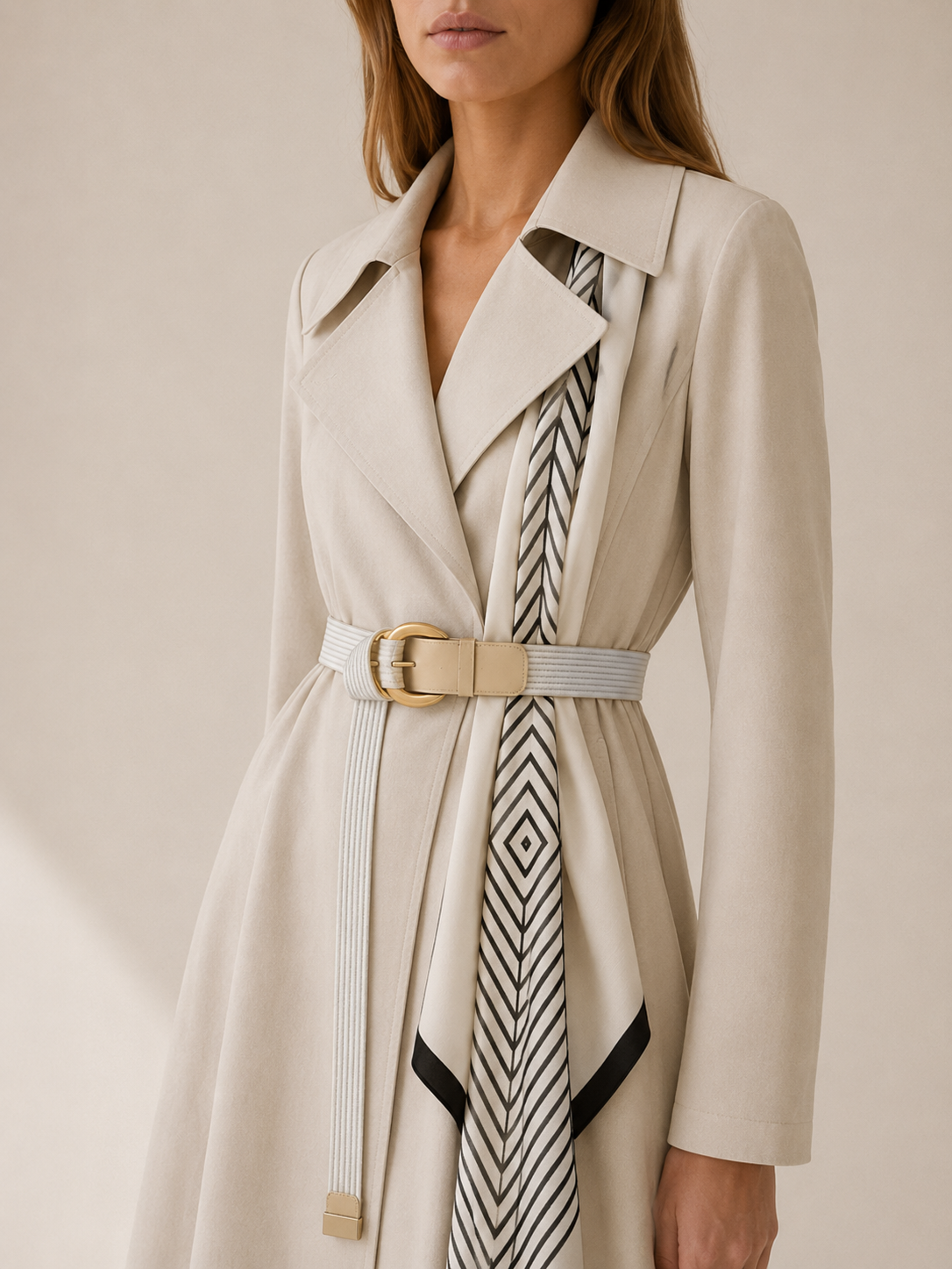 Jolie | Printed Scarf Ring Buckle Belted Long Trench Coat - View 4