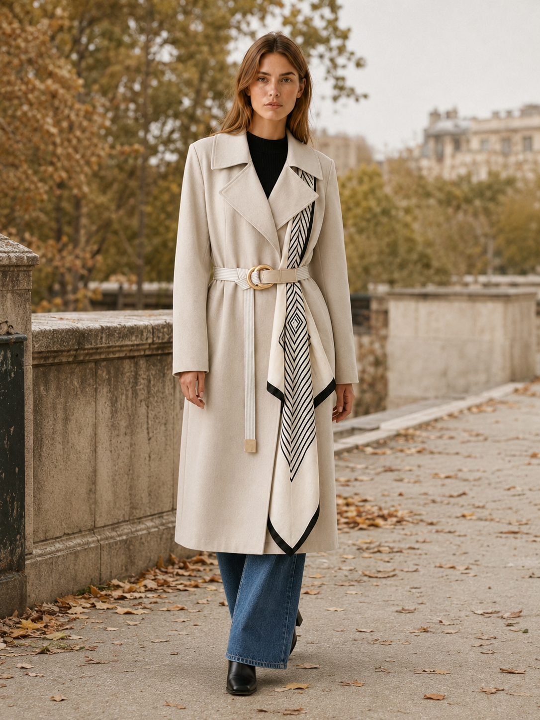 Jolie | Printed Scarf Ring Buckle Belted Long Trench Coat - View 5